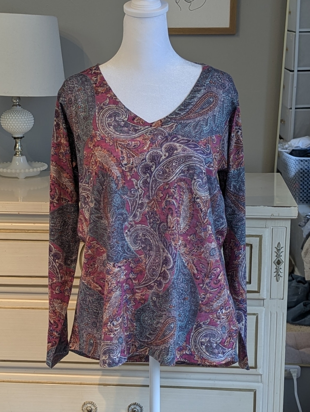 Nally & Millie USA Women's V-Neck Paisley Print Long-Sleeve Top - Pink Multi, M